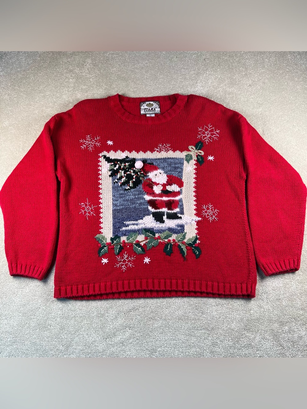 Tiara Holiday Christmas Sweater Santa Embroidered Vintage Red Pullover Large
